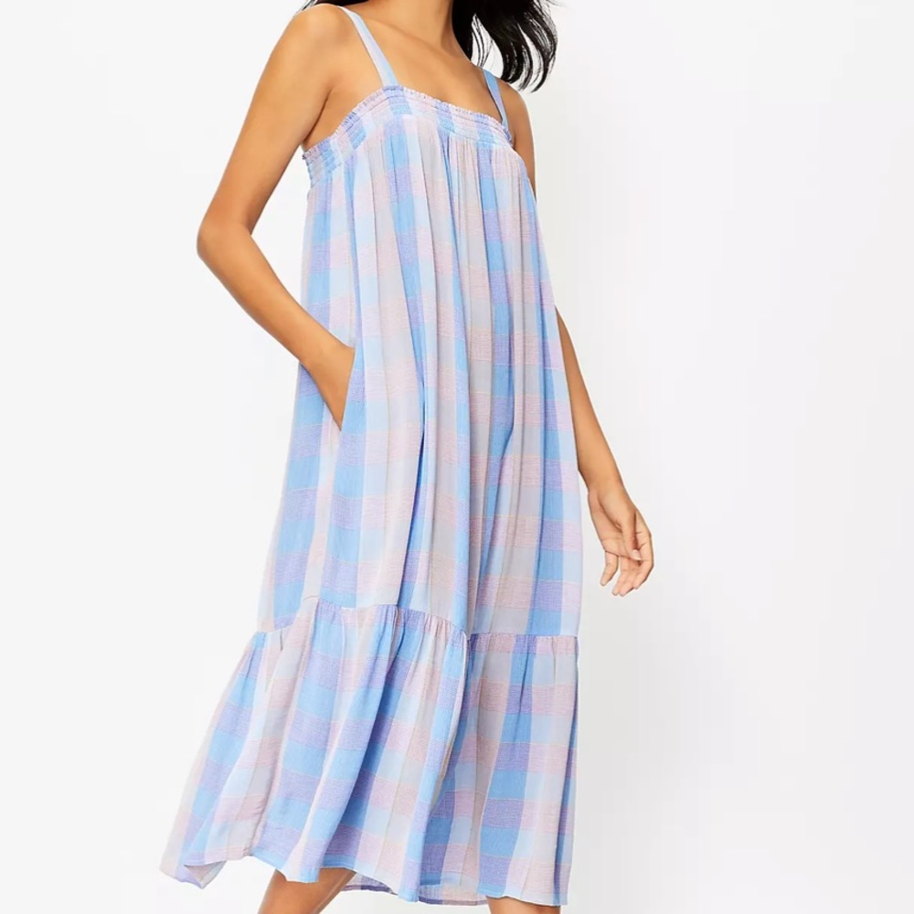 Plaid Smocked Pocket Midi Dress Size M